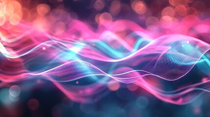 Digital waves of glowing neon pink and blue lines on a bokeh light backdrop