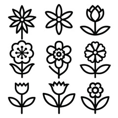 Wall Mural - Set of Solid black outline Flower vector line icon design