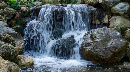 A serene small waterfall cascading gently amid ancient rocks, creating a tranquil oasis in nature. Generative AI