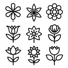 Wall Mural - Set of Solid black outline Flower vector line icon design