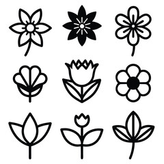 Wall Mural - Set of Solid black outline Flower vector line icon design