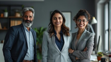 Wall Mural - Indian male and female colleagues Business goes hand in hand with the boss. Place the camera over a gray wall in the office.