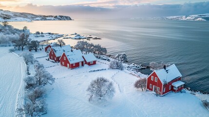 Wall Mural - Use aerial photography to capture the beauty and solitude of red houses by a bay in winter. Focus on capturing the peacefulness of the snowy landscape. copy space for text.