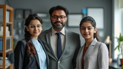 Wall Mural - Indian male and female colleagues Business goes hand in hand with the boss. Place the camera over a gray wall in the office.