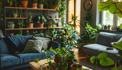 Wall Mural - Interior of living room with green houseplants and sofas