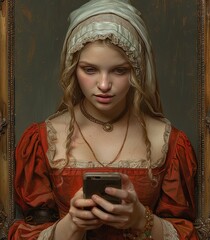 Wall Mural - Old painting with a baroque golden frame of a woman with renaissance clothes is looking down at her mobile phone