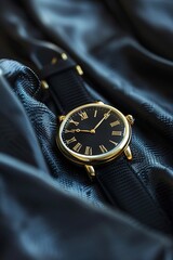 A gorgeous men's gold watch with a black band set against a gorgeous backdrop of black fabric or other material. exquisite timepiece made of gold. branded high-end timepiece