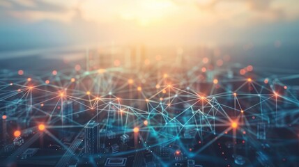 Network technology and interconnection covered in the background of the city