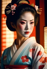 Wall Mural - portrait of beautiful geisha with traditional clothes
