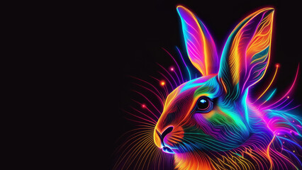  neon light glowing rabbit on black background