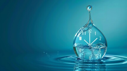 The idea of time as water. A glass clock with water dripping from it. Brilliant concept: preserve the water on a background of blue. Warming of the Planet