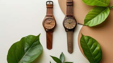 Two brown wooden watches in the top view against a background of white and brown colors. On a gentle colored backdrop, a leather band watch with green foliage.