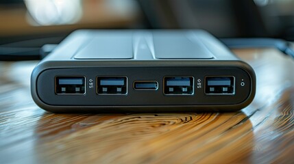 Close-up of a portable power bank with multiple USB ports, offering convenience for charging various devices