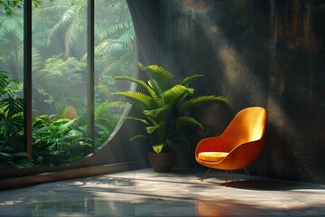 Canvas Print - Modern living room with vibrant orange chair, blue wall, and lush green plants, creating a bold and stylish atmosphere