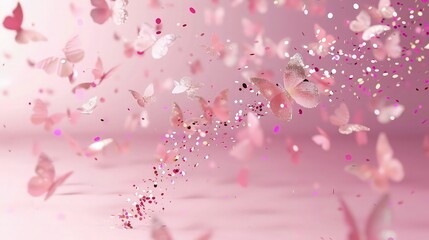 A pale pink background with a cascade of small glittering butterflies falling like confetti, ideal for a celebratory baby girl birth announcement.