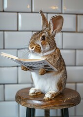 A rabbit is sitting on a stool and reading a book