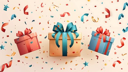 Wall Mural - Celebratory Birthday Greeting Card with Ribbon and Gift Boxes on Light Background Vector Illustration for Banner Template and Poster Design