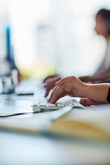 Aufkleber - Business, people and hands typing in office for communication, networking and internet research or crm. Group, workers and employees browsing for online collaboration, teamwork and web design