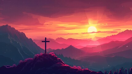 Wall Mural - Crucifixion Of Jesus Christ - Cross At Sunset