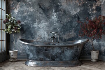 Sticker - Industrial bathroom with dark concrete walls, freestanding bathtub, and red floral decor, creating a stylish and modern space