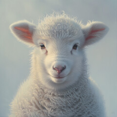 Wall Mural - A fluffy lamb, bathed in light and shadow, gazes out with innocence 