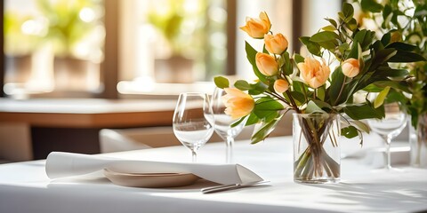 Luxurious Restaurant Table Setting Mockup with White Linens and Folded Napkins. Concept Restaurant setting, Luxurious, Table mockup, White linens, Folded napkins