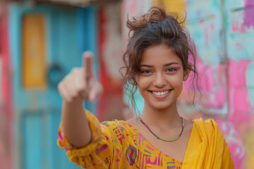 Wall Mural - young woman smiling and pointing finger