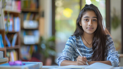 Wall Mural - Indian teenager girl student studying at home