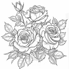 a drawing of roses with leaves and leaves on a white background