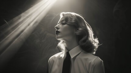 Wall Mural - AI generated illustration of a woman gazing at the sun against a dark backdrop