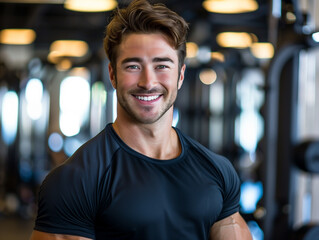 Poster - arafed man in a black shirt smiling in a gym