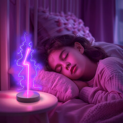 Wall Mural - arafed girl sleeping in bed with a purple light