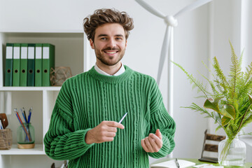 Poster - smiling man in green sweater holding a pair of scissors in front of a desk