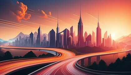 a stylish background wallpaper with modern cityscape silhouettes and dynamic lines, ideal for a tren