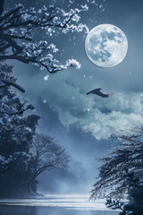 Wall Mural - there is a bird flying over a body of water under a full moon