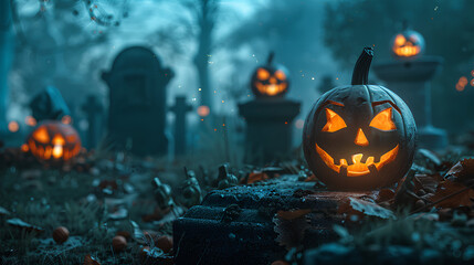 Spooky Jack-o'-Lantern in Foggy Graveyard at Night