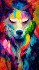 Wall Mural - painting of a dog with colorful eyes and a colorful tail