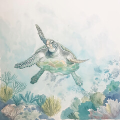 Canvas Print - painting of a turtle swimming in the ocean with corals and algae