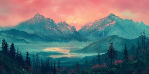 Wall Mural - painting of a mountain scene with a lake and a sunset