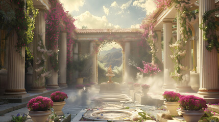 Wall Mural - there is a courtyard with a fountain and flowers in the middle