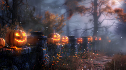 Wall Mural - Mysterious Halloween Jack-o'-Lanterns on Stone Wall in Foggy Forest