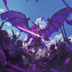 Poster - purple dragon attacking a group of people with swords and armor