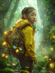 Poster - there is a girl with a backpack standing in the woods