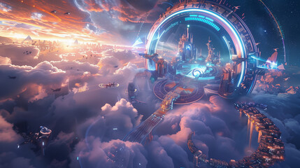 Wall Mural - futuristic city in the sky with a circular clock and a lot of clouds