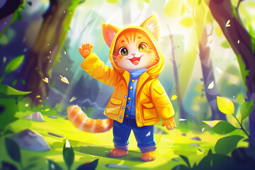 Wall Mural - there is a cat that is standing in the grass with a yellow jacket
