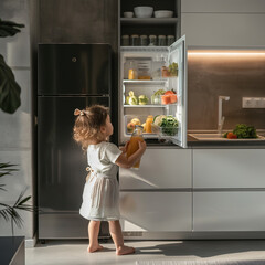 Sticker - there is a little girl standing in front of a refrigerator