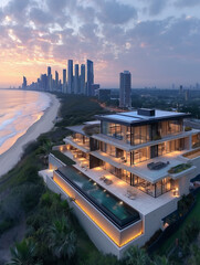 Poster - arafed view of a modern house overlooking the ocean at sunset