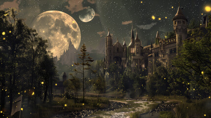 Poster - nighttime scene of a castle with a river and a full moon