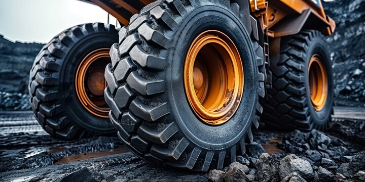 Display of new oversized machinery Cargo transport vehicles Close up of large black truck tire Quarry working equipment, Generative AI