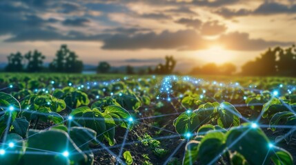 Field of green plants connected to Internet on things